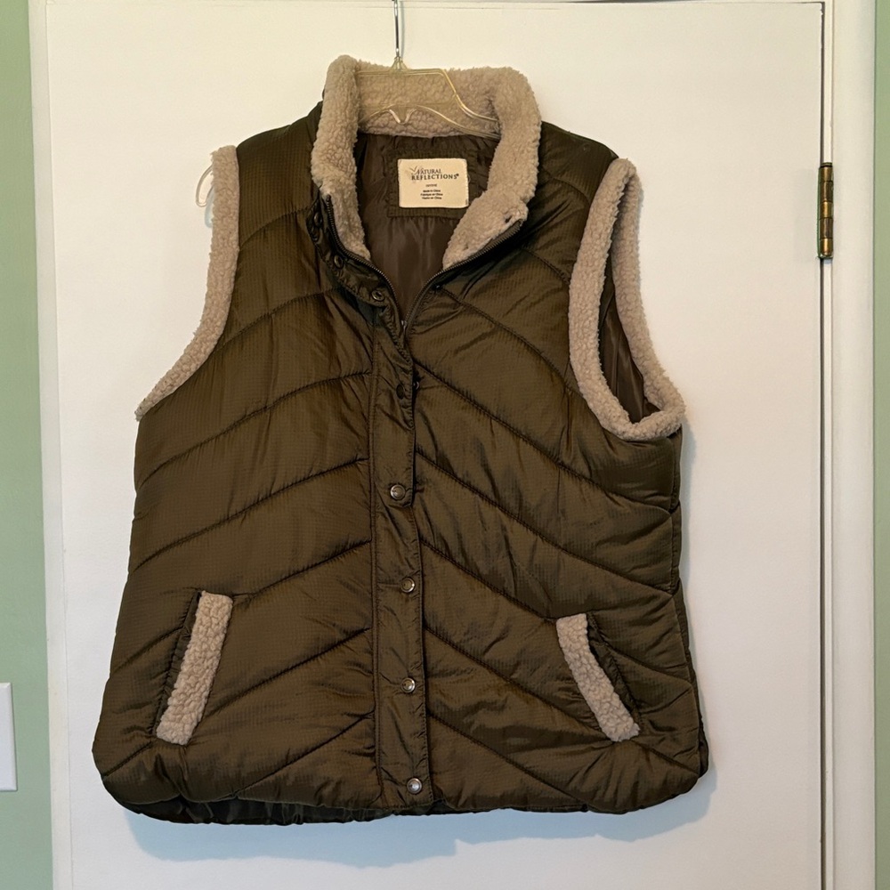 Natural Reflections Khaki Puffer Vest with Sherpa Lining